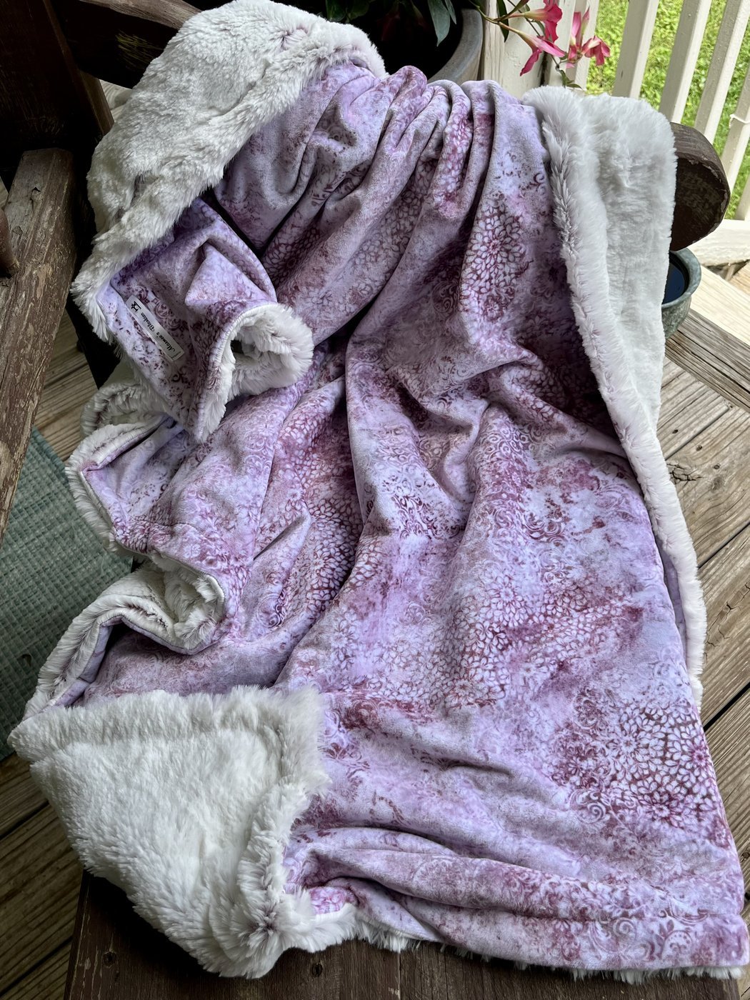 Lavender Frost handmade throw — mauve damask minky with thick white faux fur